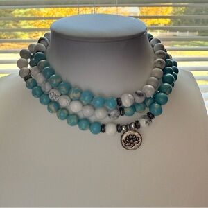Dyed Howlite Beaded Mala Necklace with Lotus Pendant – 108 Bead Elastic Wrap